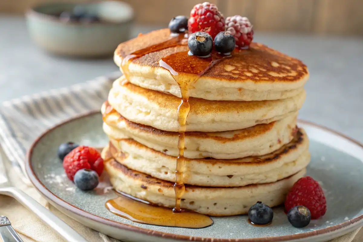 Leckere Eierfreie Pfannkuchen mit frischen Beeren und Ahornsirup
