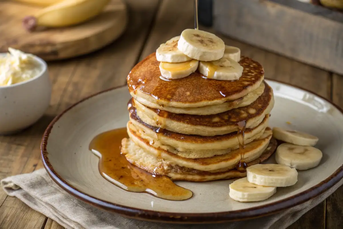 in Stapel Bananen Pancakes mit Sirup und Bananenscheiben, serviert auf einem Teller.