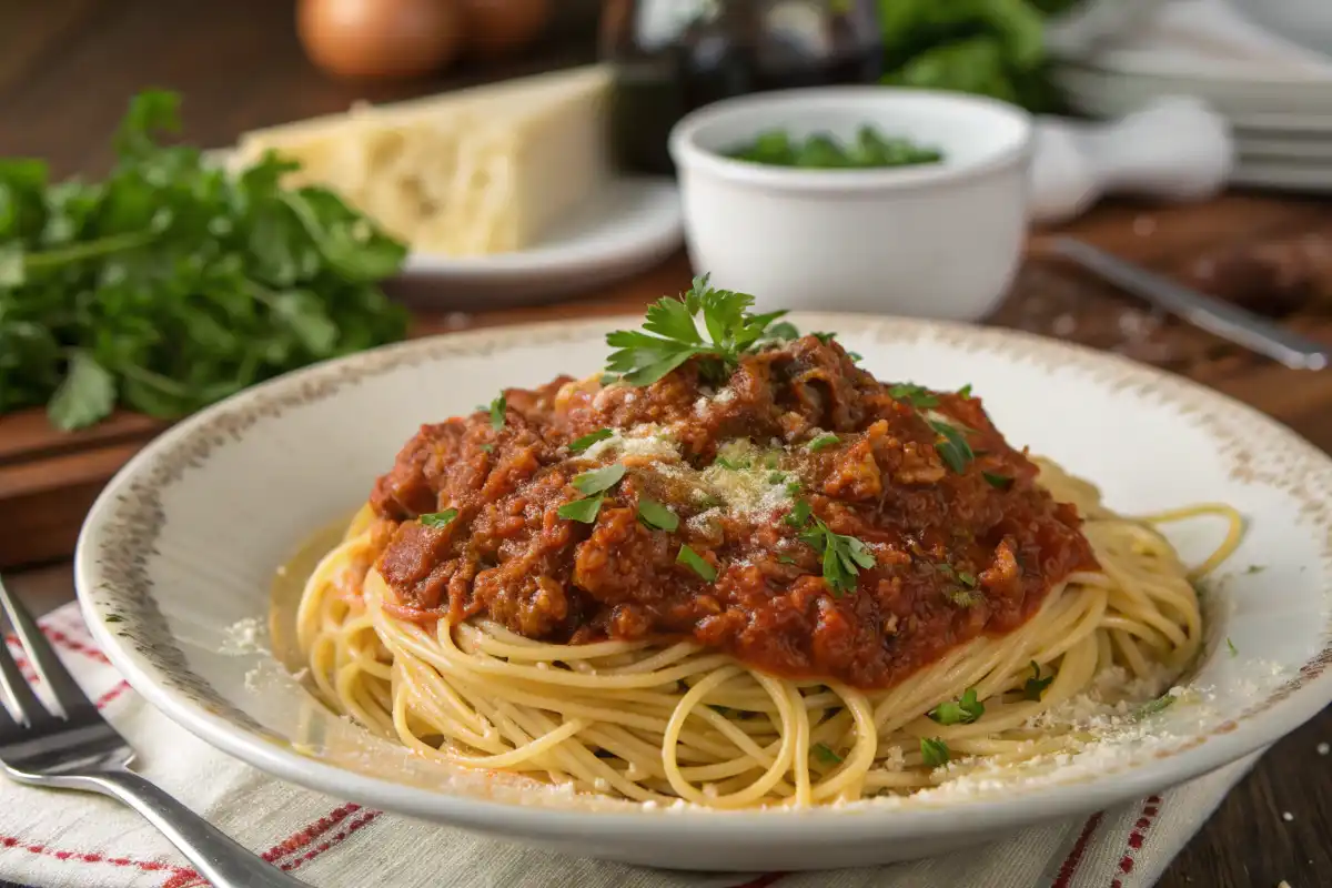 Spaghetti mit Bolognese-Soße, garniert mit frischer Petersilie und Parmesan.