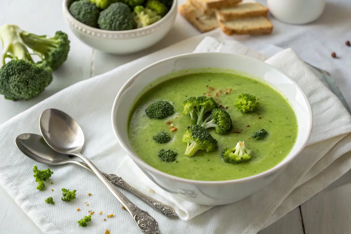Eine Schüssel cremige Brokkolisuppe mit frischen Brokkoliröschen, serviert auf einem weißen Tuch mit Löffeln und Brot im Hintergrund.