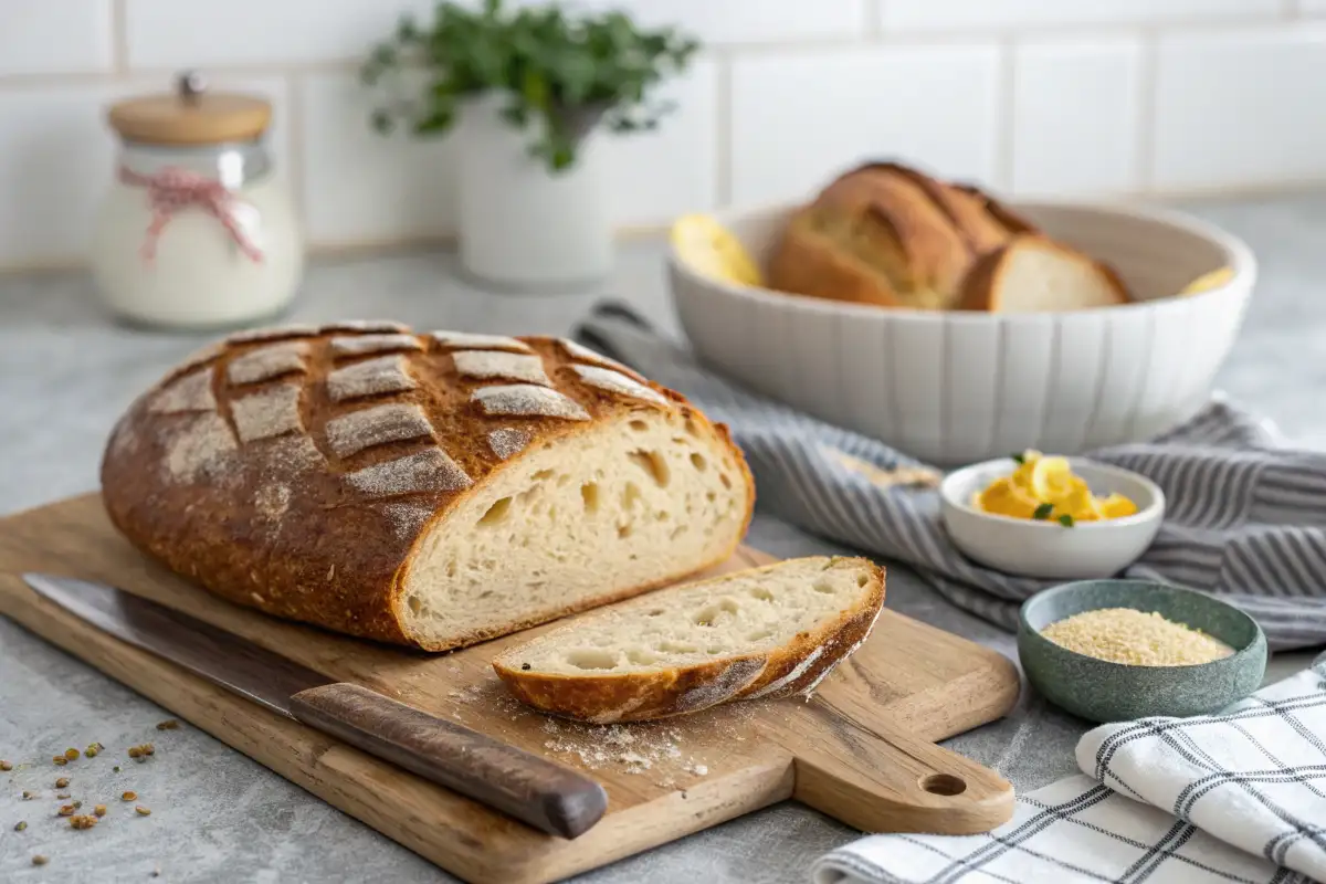 Ein frisch gebackenes Laib Brot, geschnitten und serviert mit Butter und Sesam.