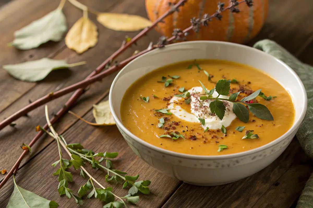 Eine Schale Butternut-Kürbissuppe, garniert mit Kräutern und einem Klecks Sahne.