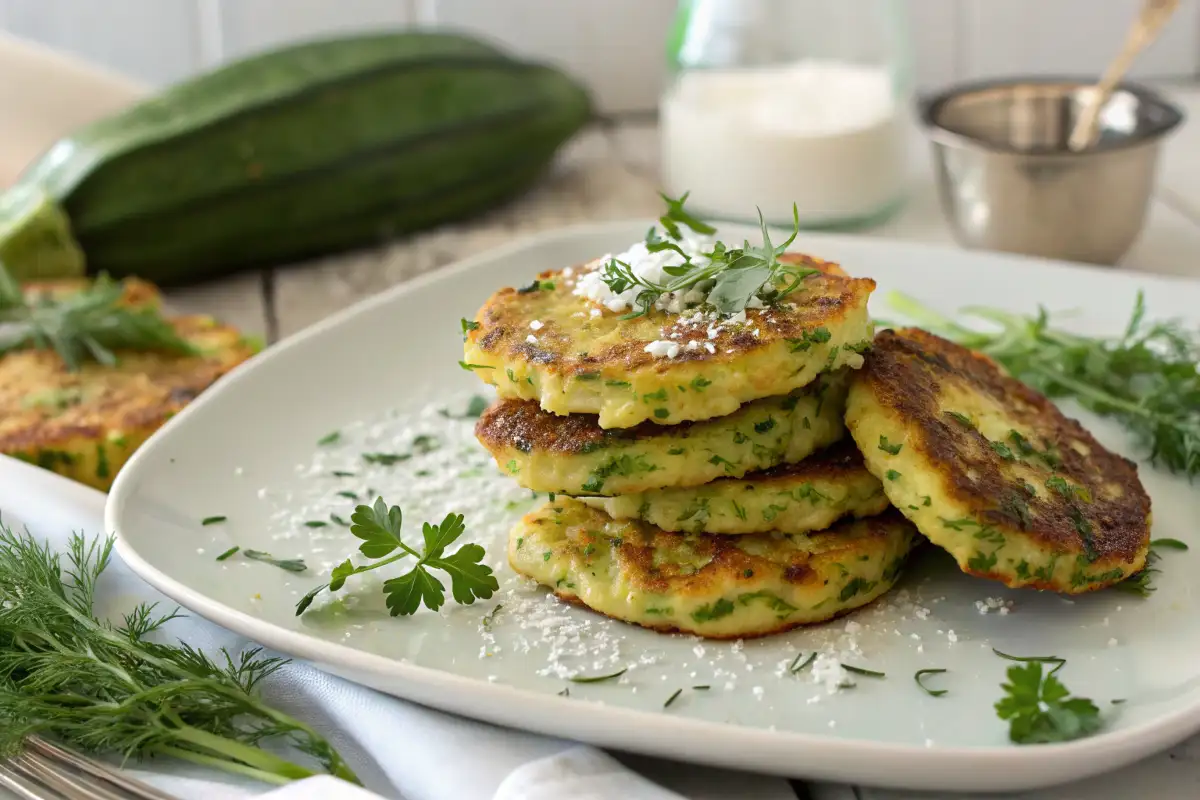 Zucchini-Puffer auf einem Teller, garniert mit Kräutern und Käse.