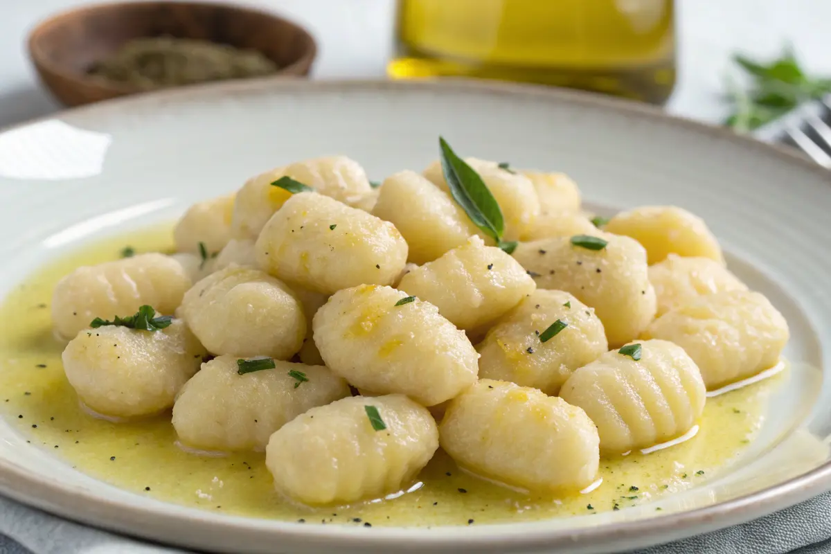 Gnocchi serviert mit einer leichten Kräuterbutter, garniert mit frischen Kräutern.