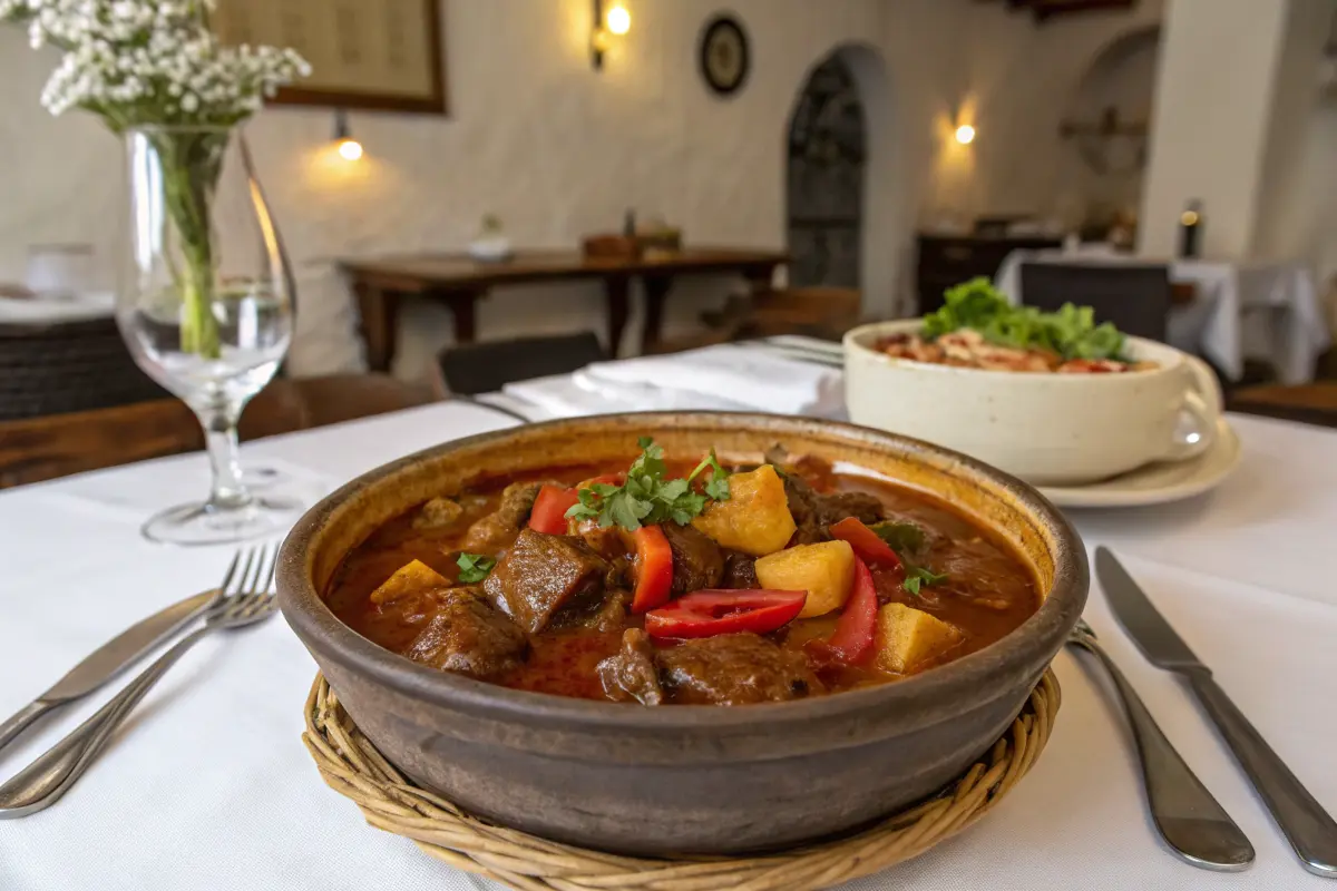 Traditionelles Gulasch mit Kartoffeln und Paprika, serviert in einer rustikalen Schale.