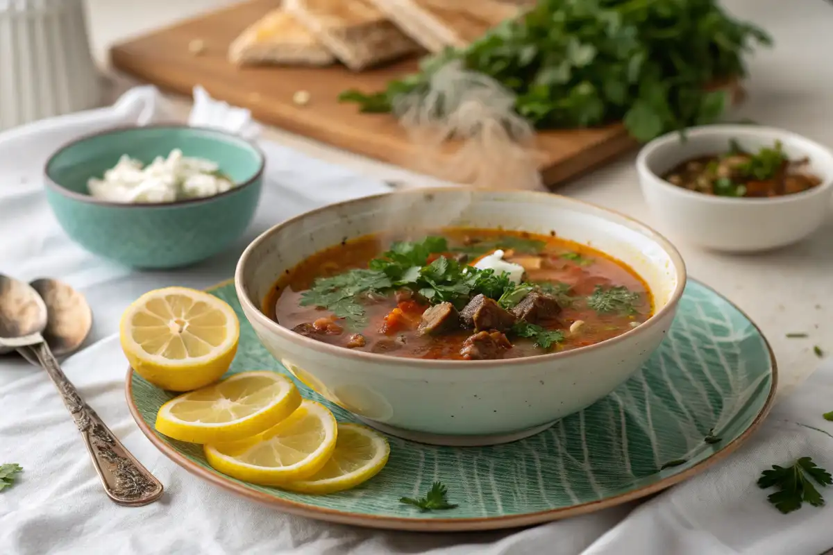Eine Schüssel Gyrossuppe mit frischen Kräutern, Zitronenscheiben und einem Becher Joghurt.
