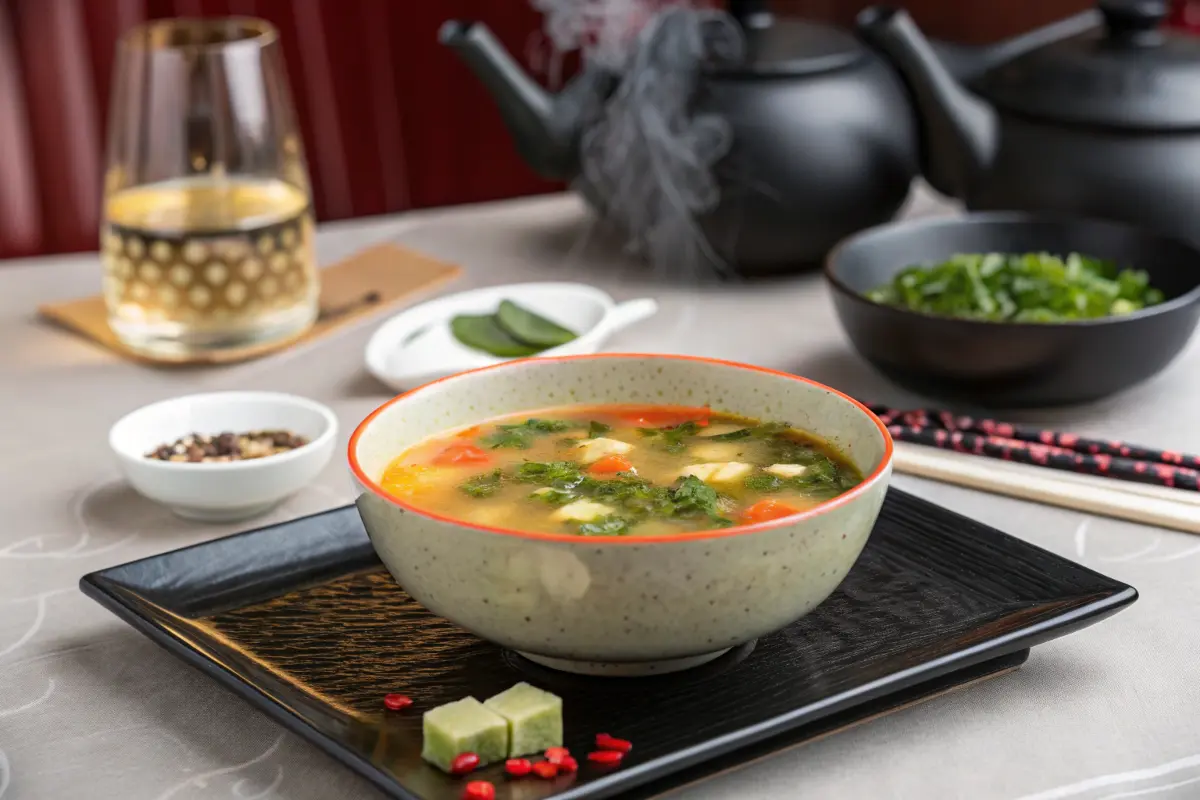 Eine Schale Miso-Suppe mit Tofu, Algen und Frühlingszwiebeln, begleitet von getrockneten Algenblättern.