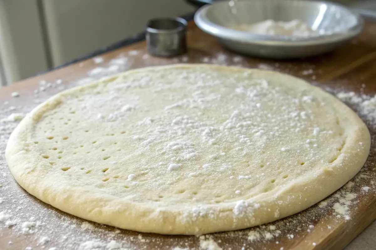 Frisch ausgerollter Pizzateig, bereit zum Belegen