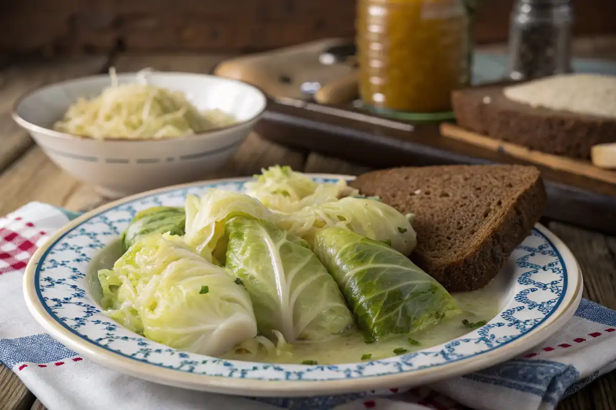 Ein Teller mit gefüllten Spitzkohlrouladen in einer hellen Soße, serviert mit Sauerkraut und Roggenbrot.