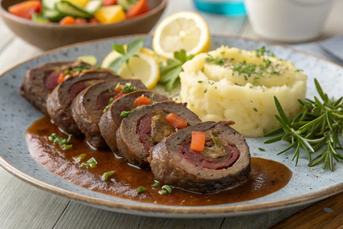 Ein Teller mit Rinderrouladen in brauner Soße, serviert mit Kartoffelpüree und frischen Kräutern.