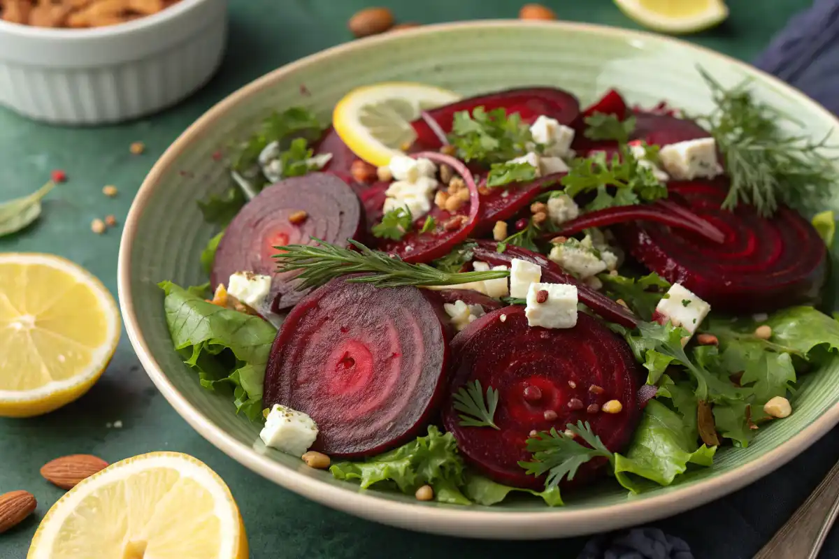 Frischer Rote-Beete-Salat mit Feta, Zwiebeln und Zitronenscheiben