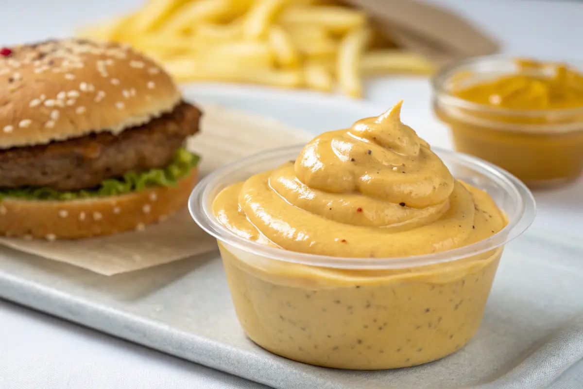 Big Mac Sauce in einem Plastikbehälter, serviert mit einem Burger und Pommes im Hintergrund.