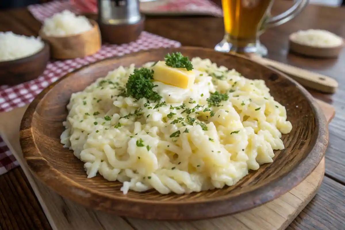 Ein Teller mit cremigen Käsespätzle, garniert mit Petersilie und einem Stück Butter.