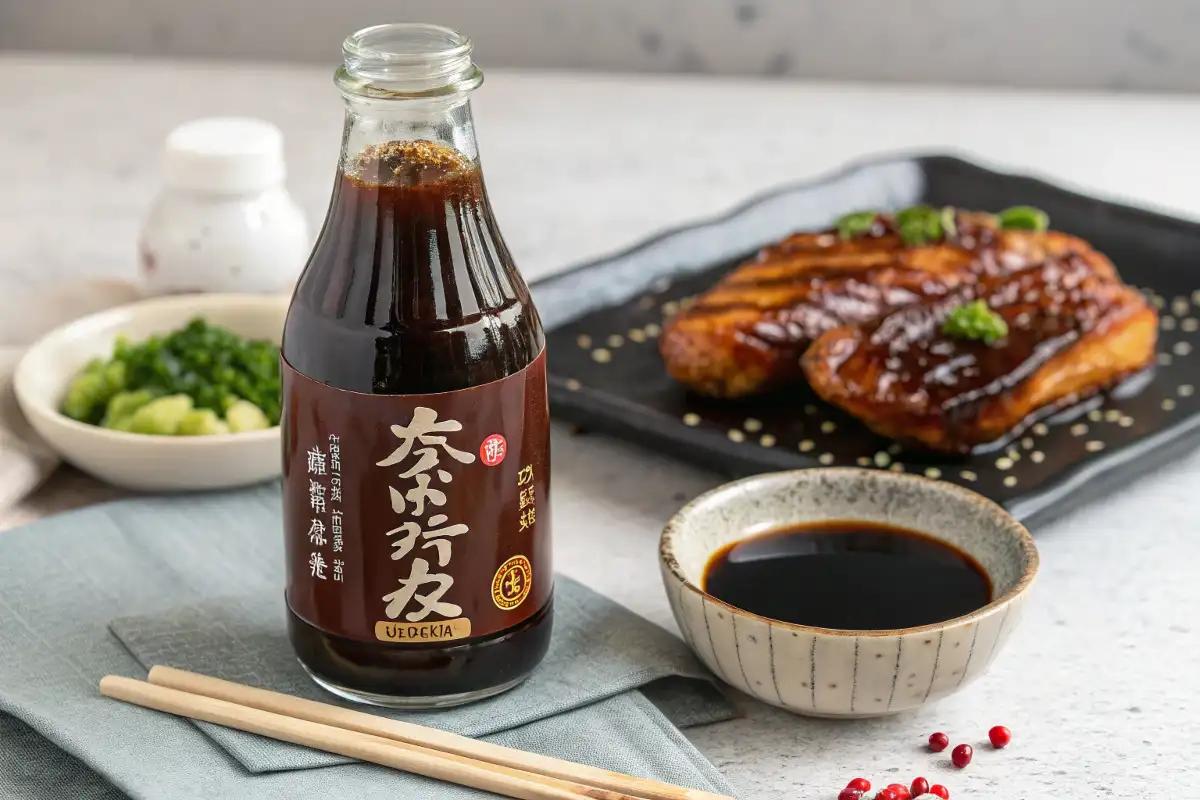 Flasche Teriyaki-Sauce mit Schüssel und gegrilltem Fleisch im Hintergrund.