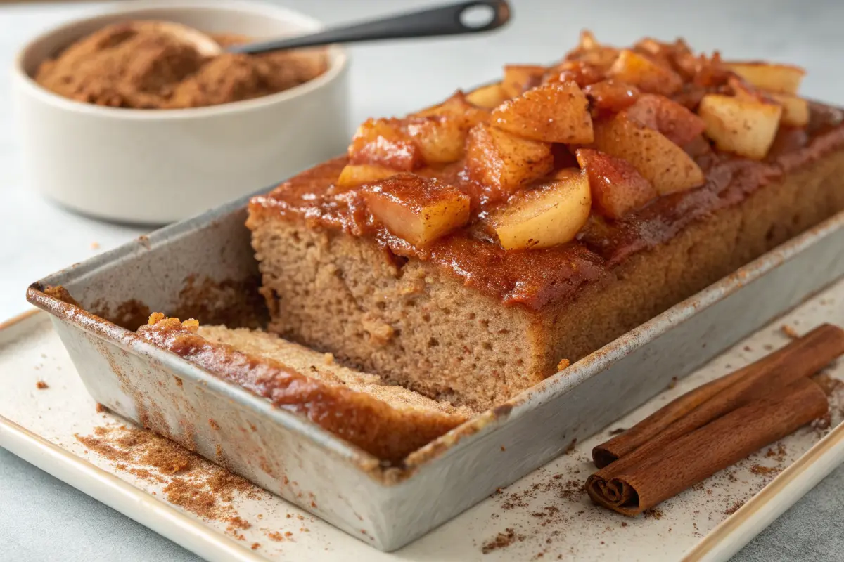 Ein veganer Kuchen mit karamellisierten Äpfeln und Zimt in einer Backform.