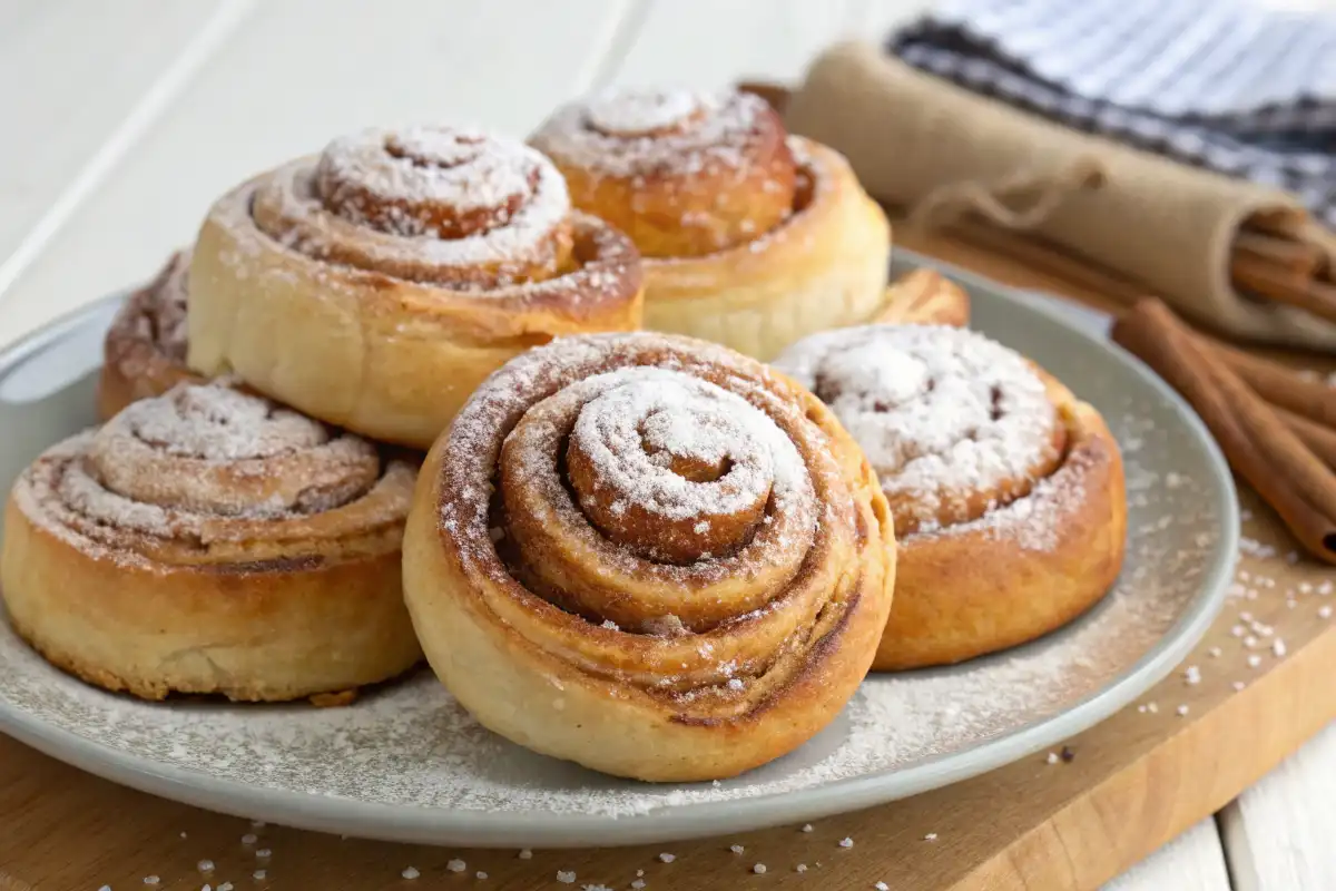 Zimtschnecken frisch gebacken und mit Puderzucker bestäubt.