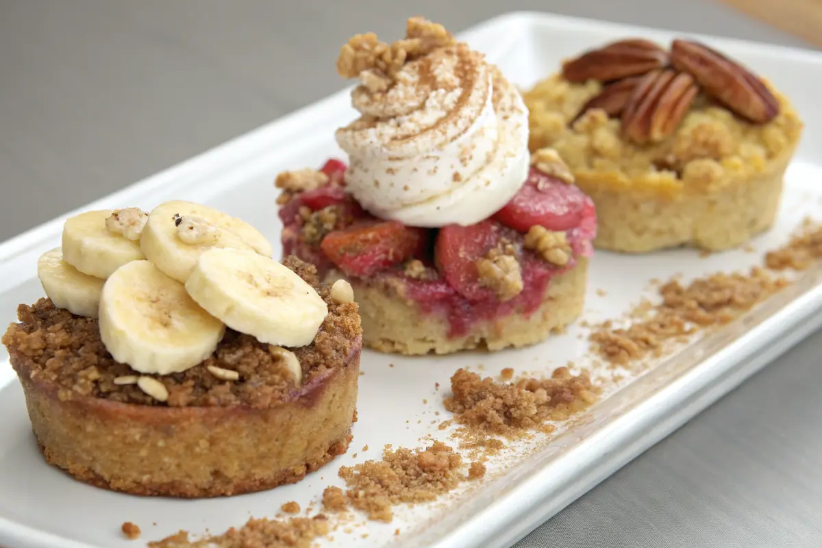 Drei Crumble-Desserts mit Banane, Beeren und Pekannüssen.