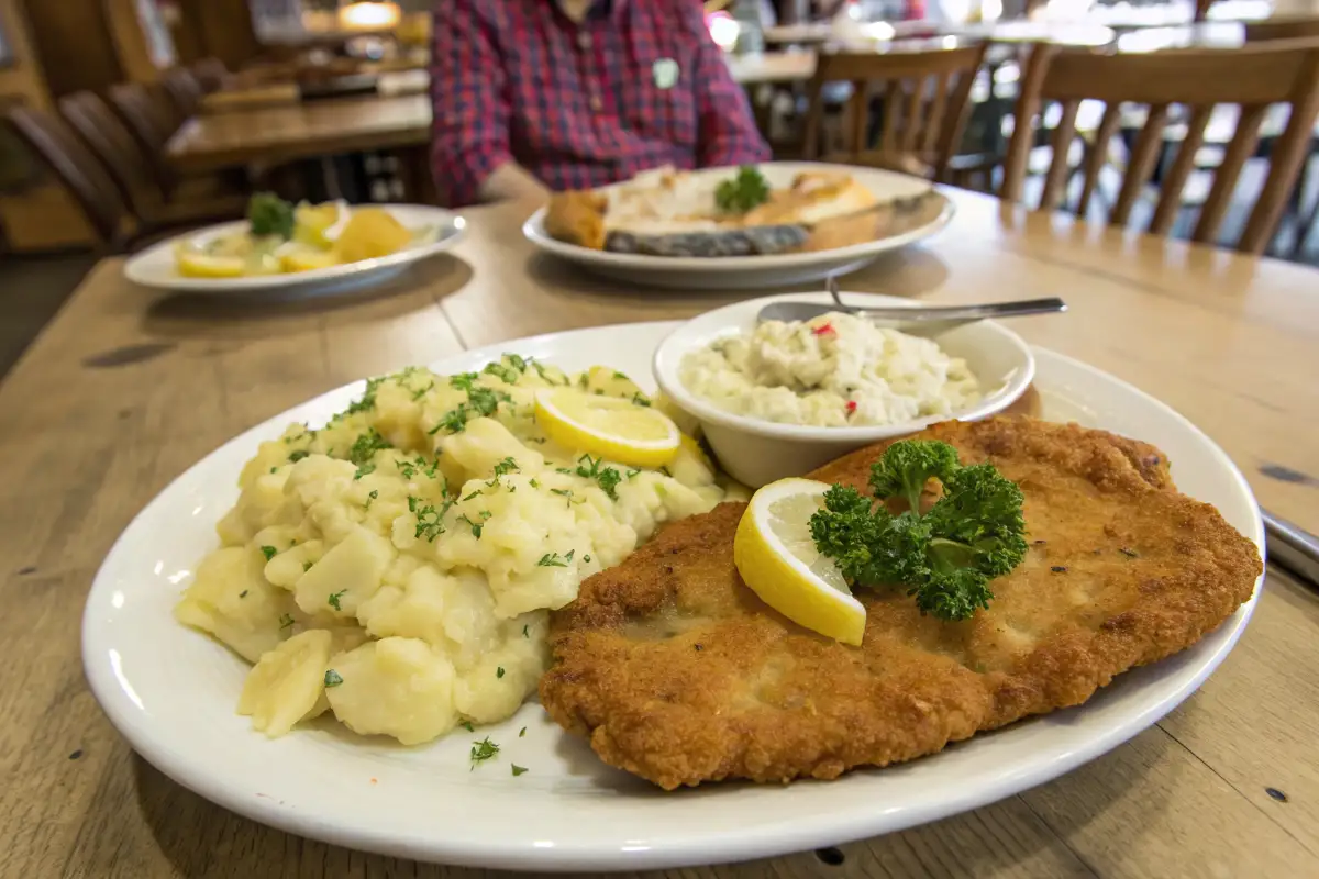 Schnitzel mit Kartoffelsalat und einem frischen Kräuter-Topping