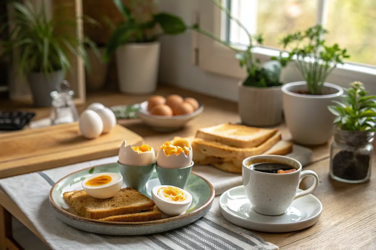 Eier kochen: Weichgekochte Eier, Toast und Kaffee auf einem Frühstückstisch in einer gemütlichen Küche.
