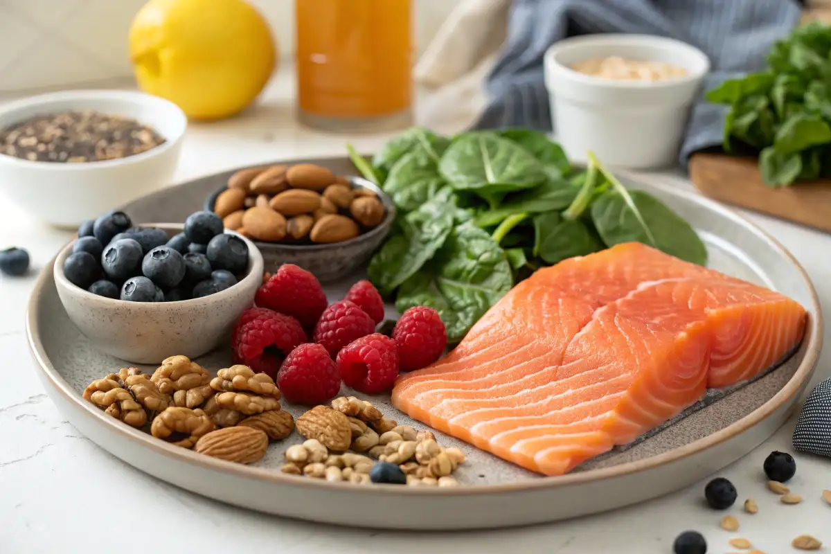 Antientzündliche Ernährung mit Lachs, Beeren, Nüssen und Spinat auf einem Teller.