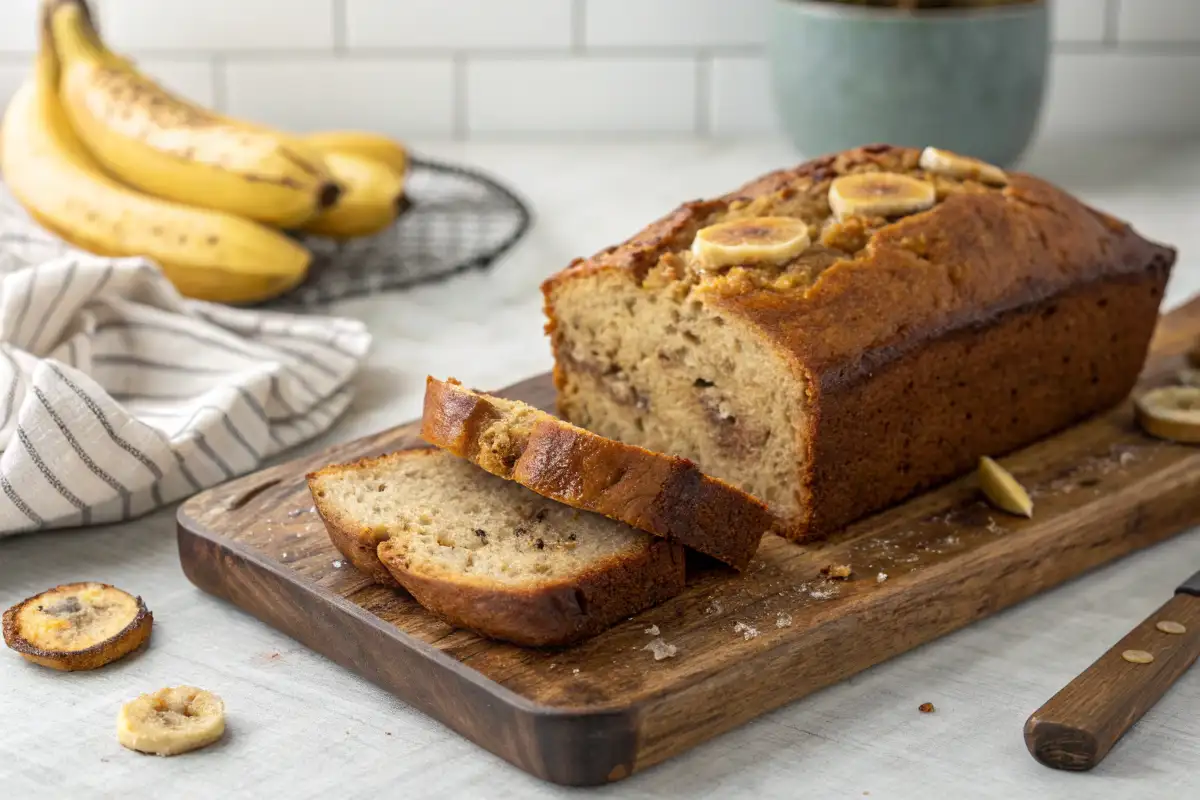 Bananenbrot auf einem Holzbrett, mit Bananenscheiben dekoriert.