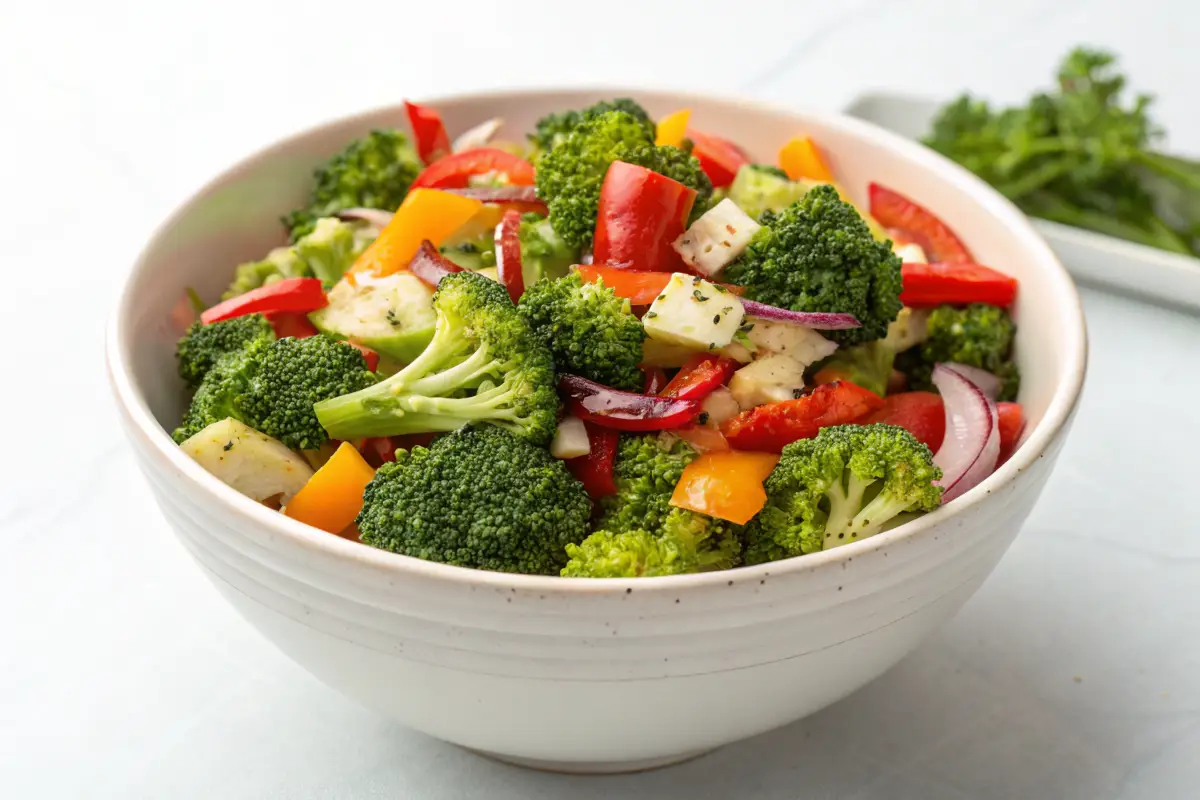 Frischer Brokkoli Salat mit Paprika, Zwiebeln und Käse