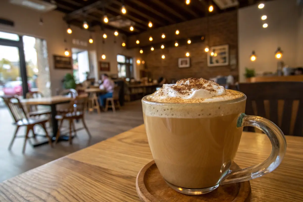 Chai Latte in einer durchsichtigen Tasse, garniert mit Schlagsahne und Zimt in einem Café.
