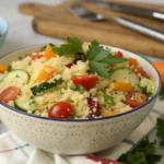 Frischer Couscous-Salat mit Tomaten, Gurken, Paprika und Petersilie in einer Schüssel, perfekt für eine gesunde Mahlzeit.