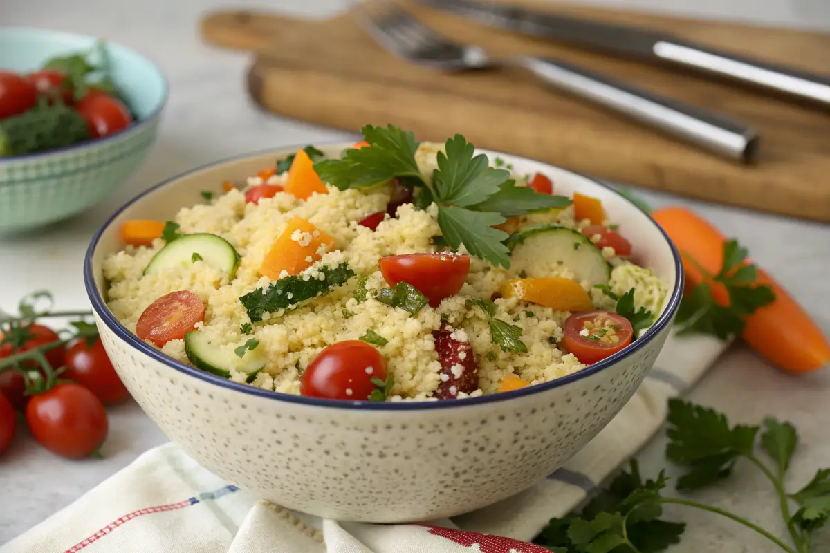 Frischer Couscous-Salat mit Tomaten, Gurken, Paprika und Petersilie in einer Schüssel, perfekt für eine gesunde Mahlzeit.