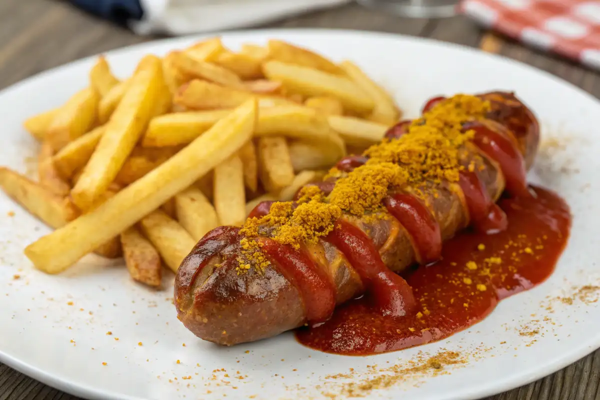 Currywurst mit Pommes und Ketchup, bestreut mit Currypulver auf einem Teller.
