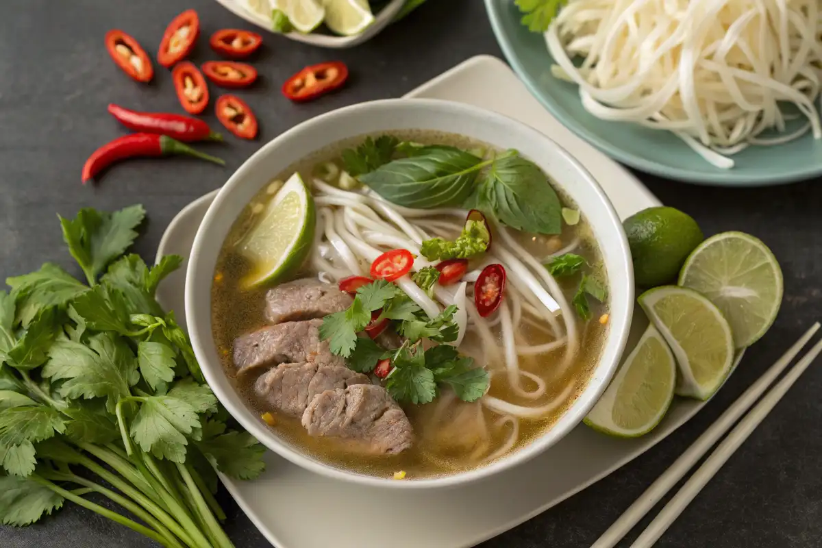 Ein ansprechend angerichteter Teller Pho mit frischen Kräutern, Limetten und Chilischoten.