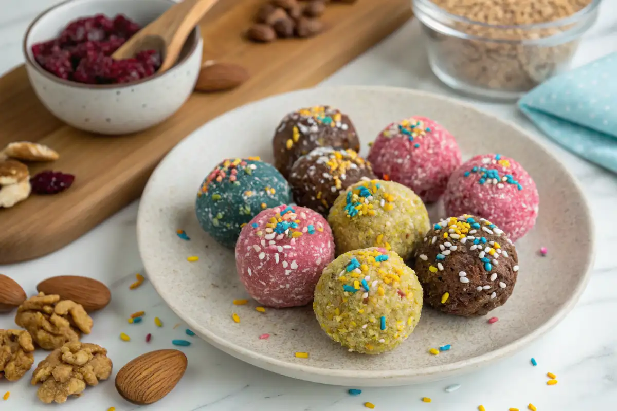 Bunte Energy Balls mit Nüssen und bunten Streuseln.