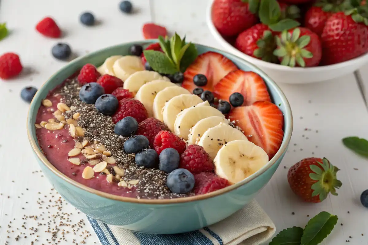 Bunte Frühstücks-Smoothie-Bowl mit frischen Früchten, Chiasamen und Nüssen.