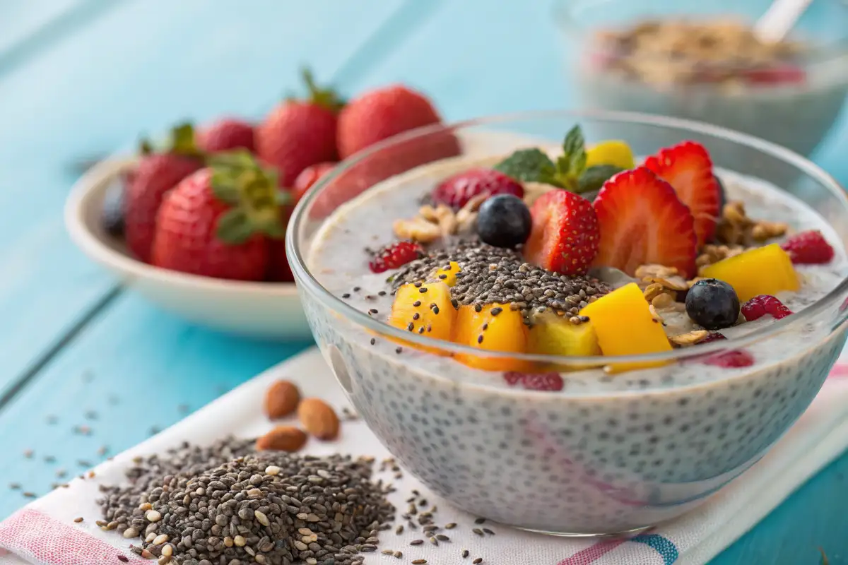 Chia Pudding mit frischen Beeren und Mango