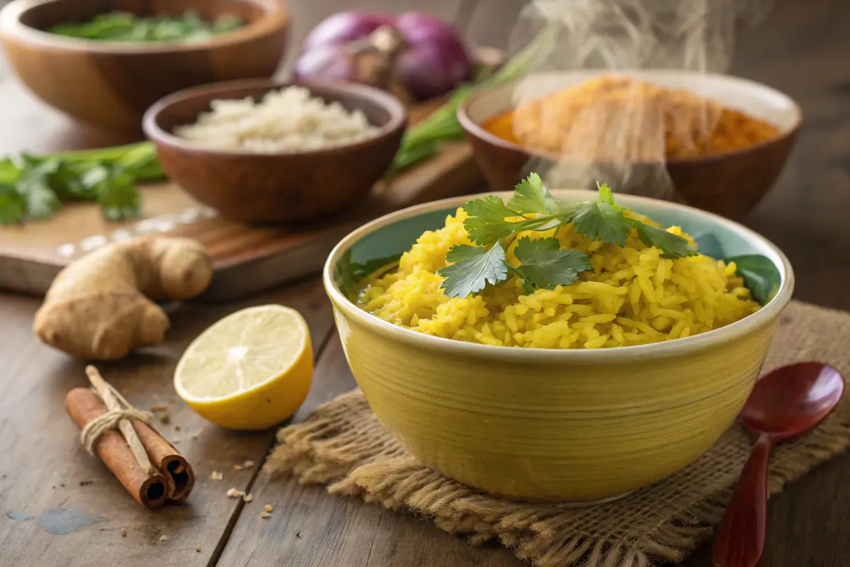 Kurkuma-Curryreis in einer gelben Schale mit frischem Koriander, Zitronenscheibe und Gewürzen im Hintergrund.