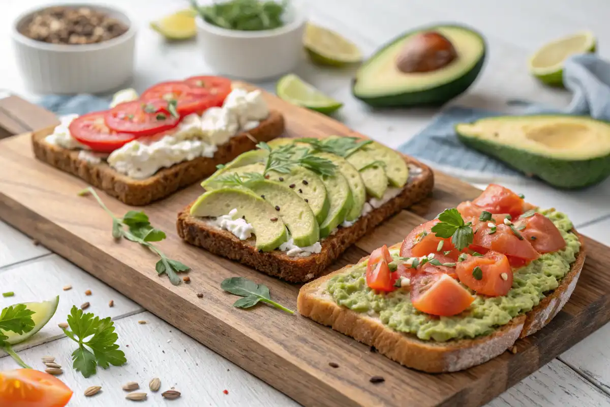 Ein Holzbrett mit drei Avocado Toast Scheiben, jede belegt mit verschiedenen Zutaten: eine mit Tomatenscheiben und Frischkäse, eine mit Avocadoscheiben und eine mit zerdrücktem Avocado und gewürfelten Tomaten.