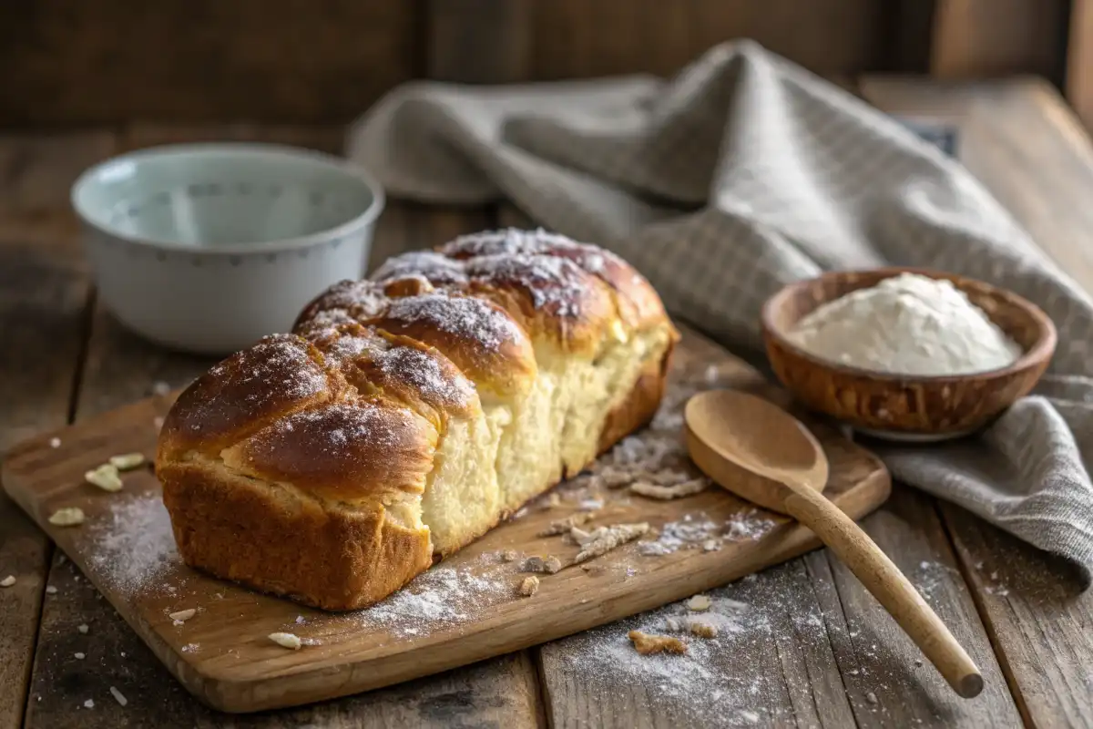 Brioche Rezept – Frisch gebackenes Brioche auf einem Holzbrett, mit Mehl und Löffel im Hintergrund