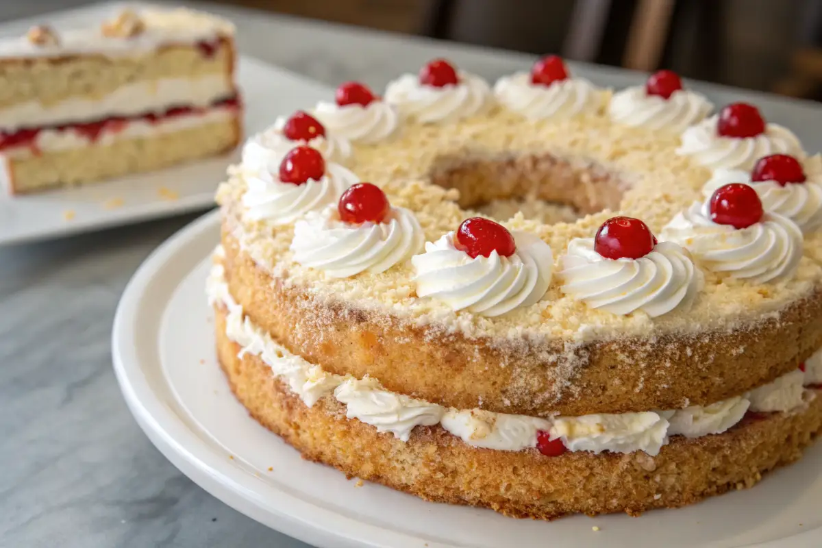 Frankfurter Kranz Kuchen mit Sahne und Kirschen
