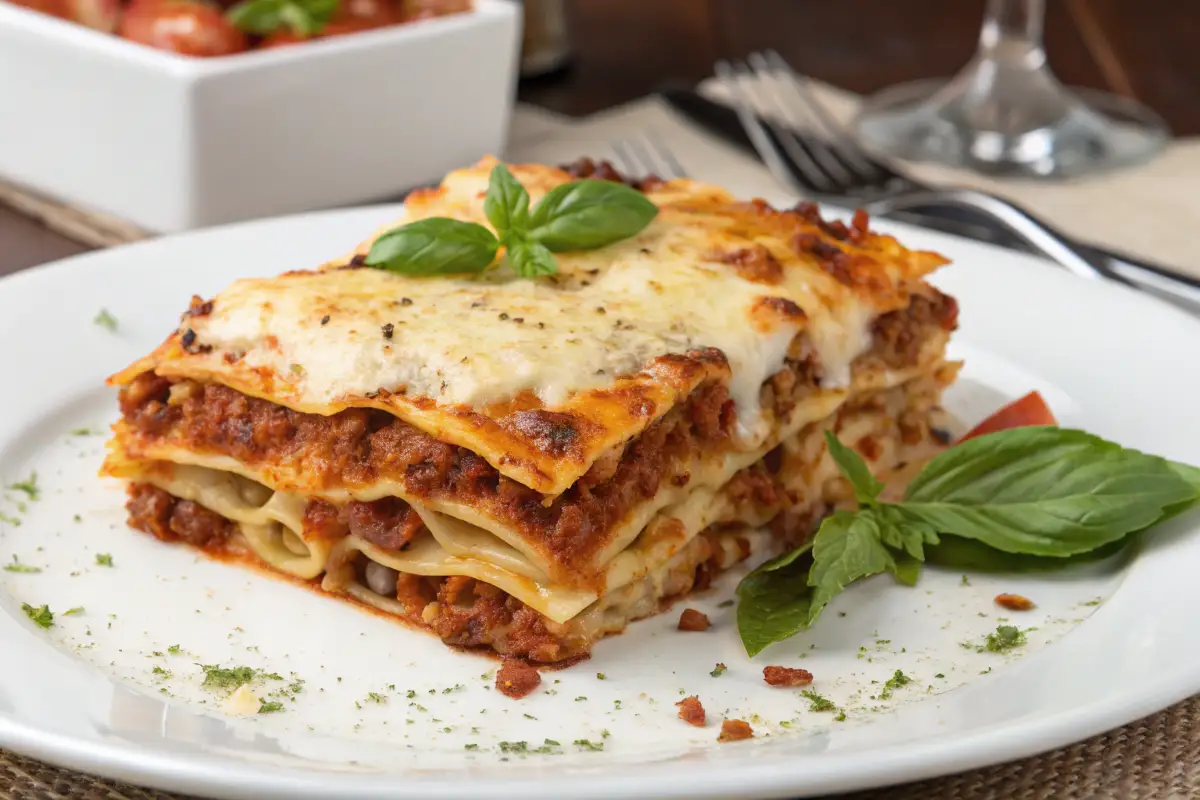 Klassische Lasagne mit Bolognese-Sauce, Käse und frischem Basilikum.