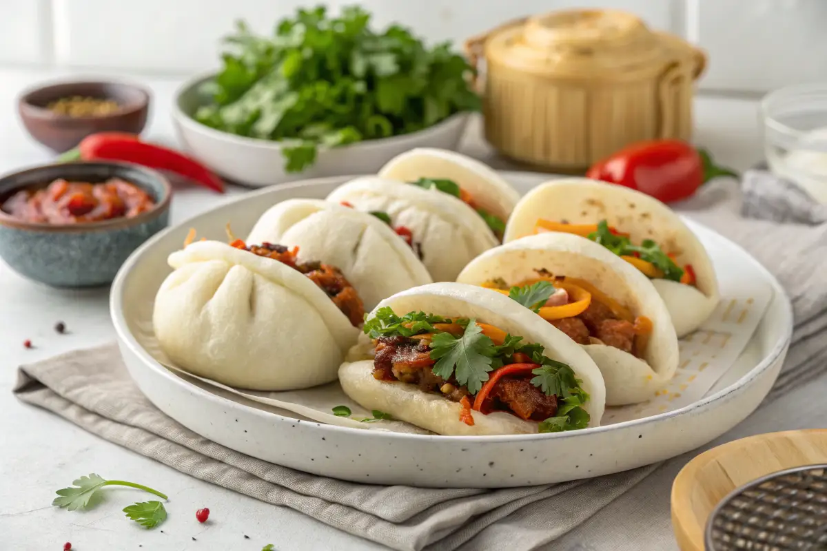 Dampfnudeln (Bao Buns) gefüllt mit gewürztem Schweinefleisch, buntem Gemüse und frischem Koriander, serviert auf einem weißen Teller mit Dipsaucen und Kräutern im Hintergrund.
