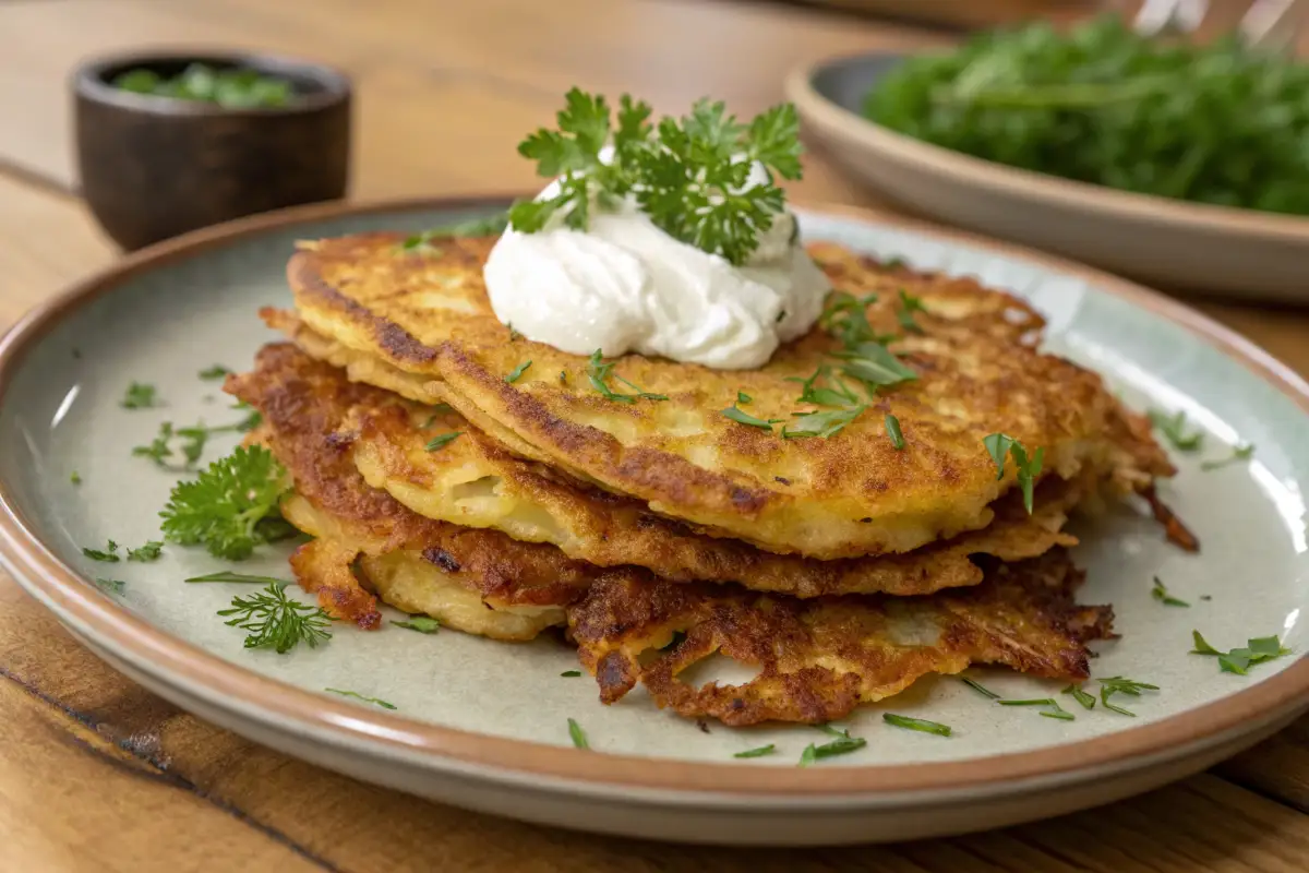 Kartoffelpuffer mit frischer Kräutersahne und Petersilie garniert.