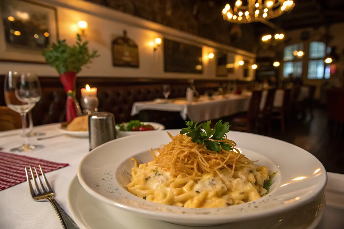 Eine Portion Käsespätzle in einem Restaurant, garniert mit frittierten Zwiebelringen.