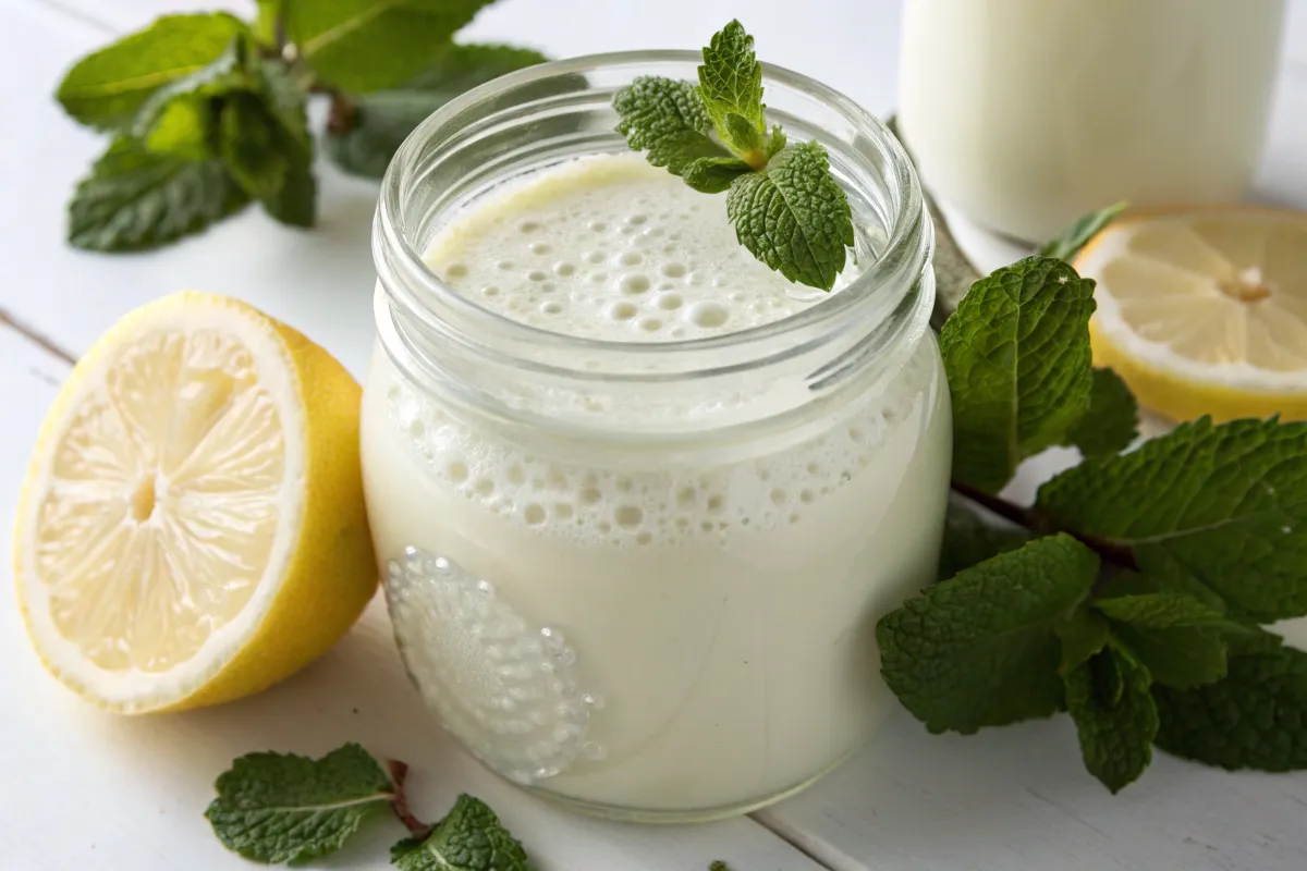 Ein Glas Kefir mit frischer Minze und Zitronenscheiben.