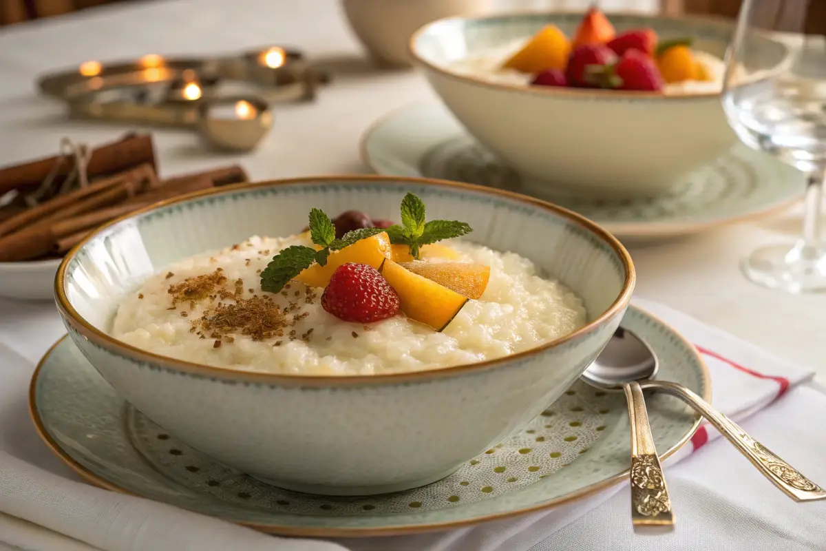 Milchreis Rezept serviert mit frischen Früchten und Zimt