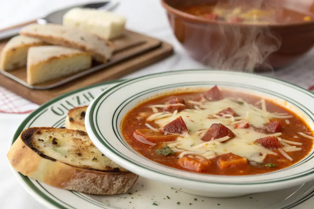 Omas Pizzasuppe mit Käse und Brot