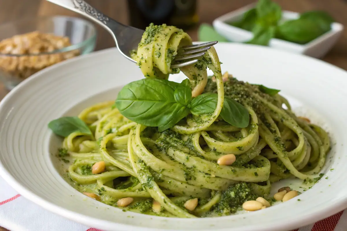 Spaghetti mit Pesto, Pinienkernen und frischen Basilikumblättern.