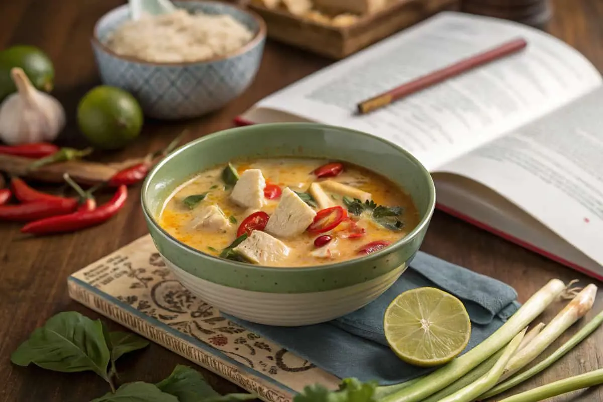 Pikante Thai-Suppe mit Kokos und Hühnchen, serviert in einer grünen Schale mit frischen Zutaten wie Chili, Limette und Zitronengras.
