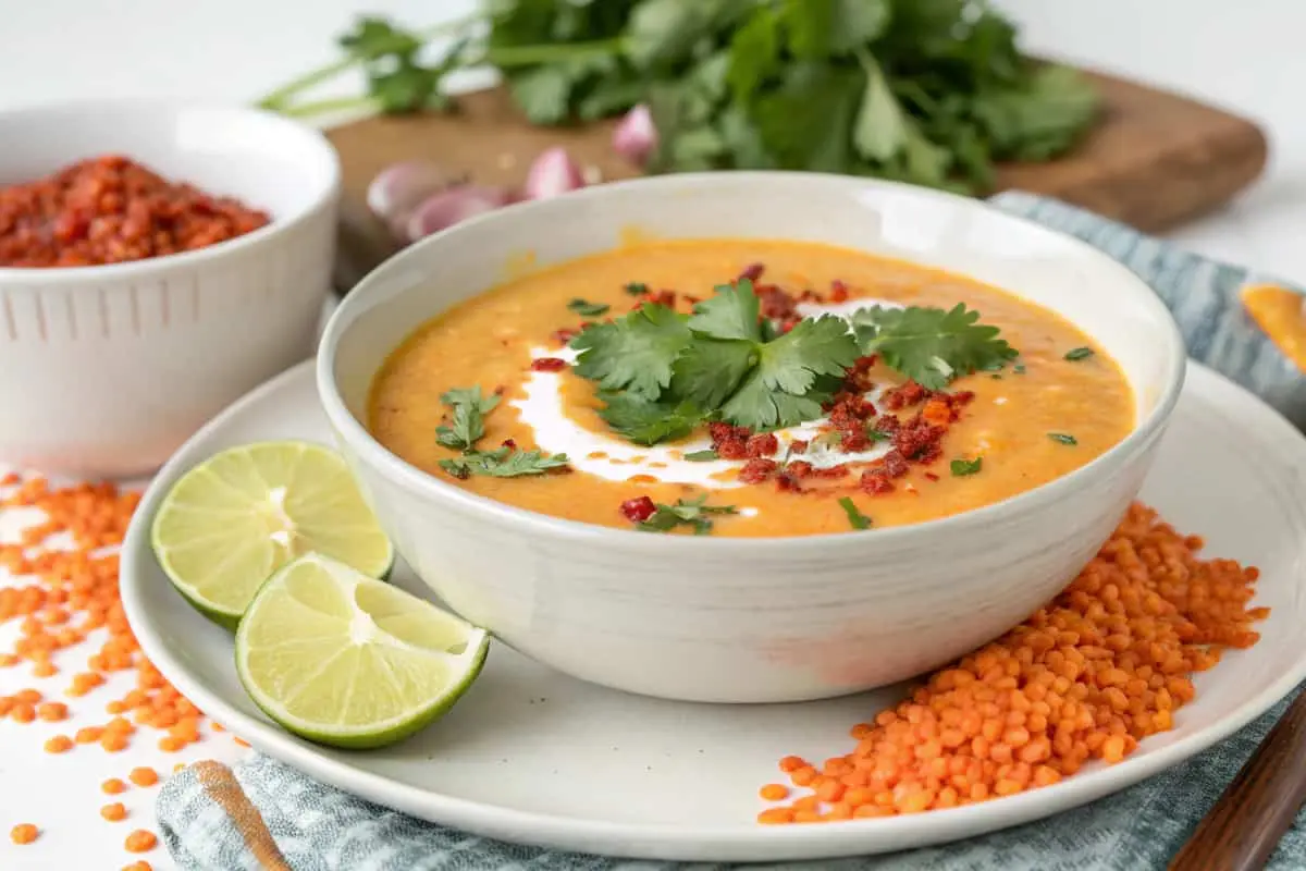 Rote Linsen-Kokos-Suppe mit frischem Koriander und Limettenscheiben