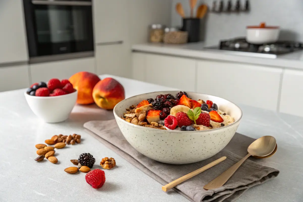 Eine Schüssel Bircher Müsli mit frischen Früchten und Nüssen, darunter Erdbeeren, Himbeeren, Heidelbeeren, Bananenscheiben und Mandeln, auf einer Küchenarbeitsplatte.