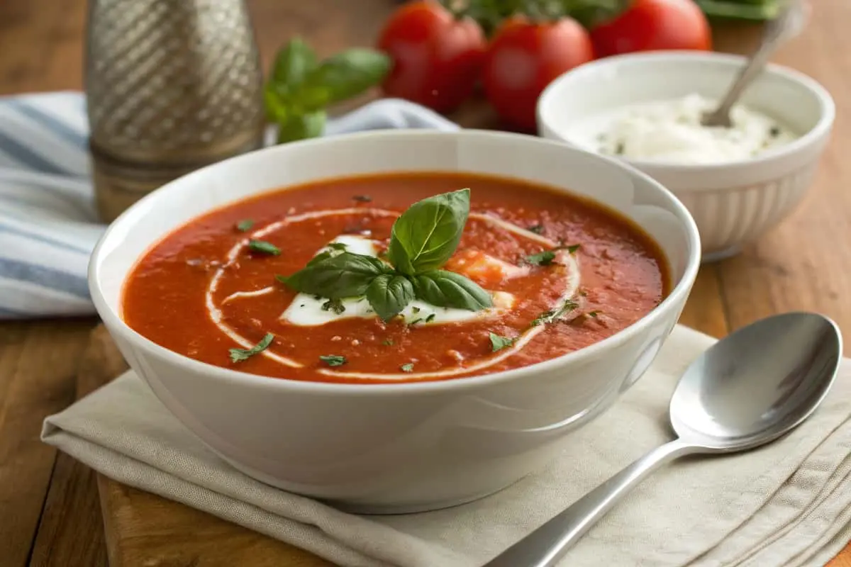 Tomatensuppe aus frischen Tomaten mit Basilikum und Sahne